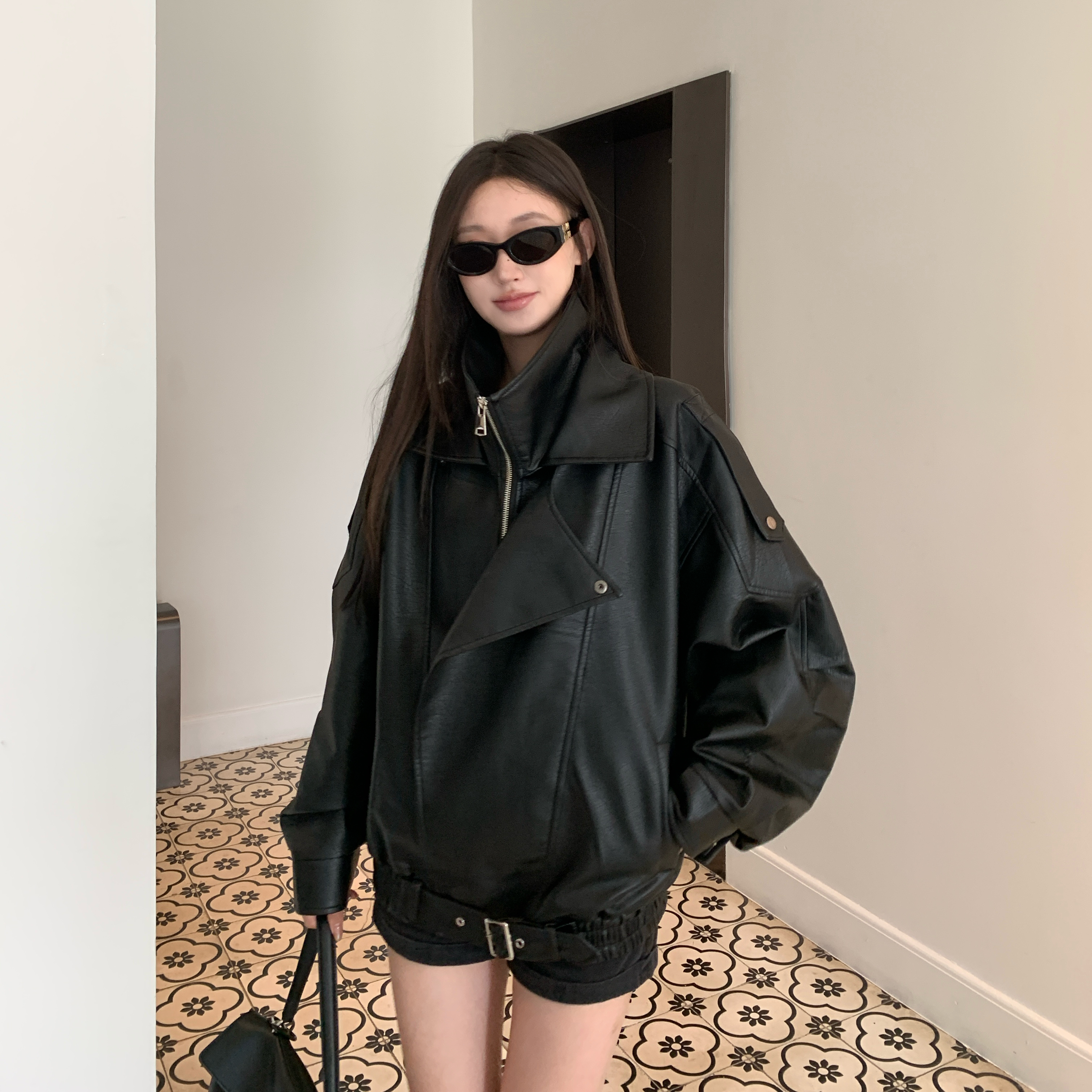 YSL黑色机车服皮衣外套
