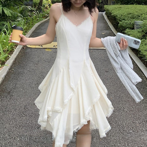 SUNONEONE 花边拼接设计感薄纱蕾丝吊带连衣裙女春季修身无袖裙子