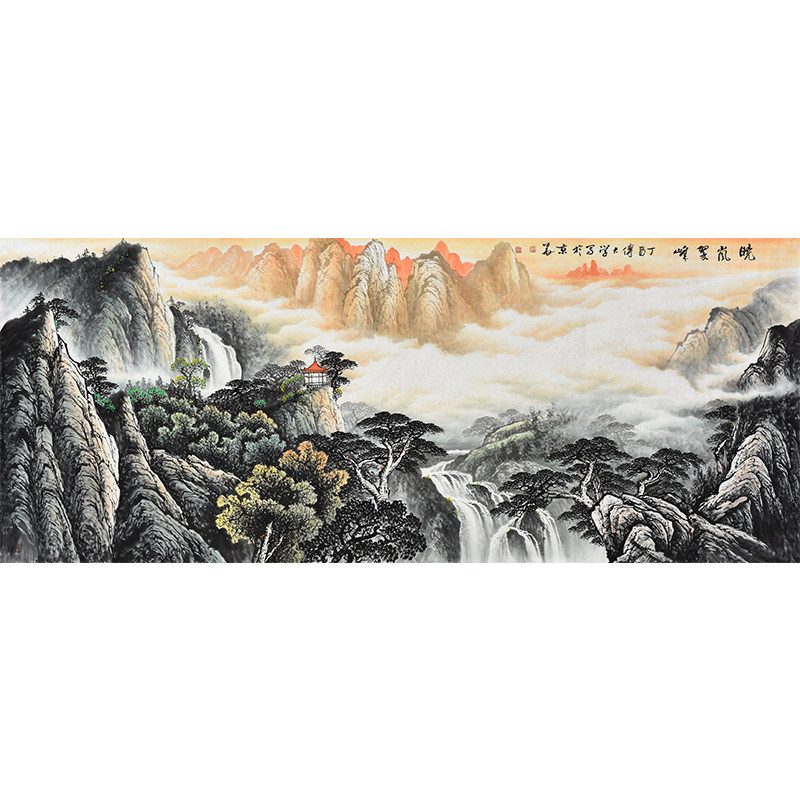 纯手绘风水山水画源远流长 流水生财八尺巨幅办公室酒店大堂挂画