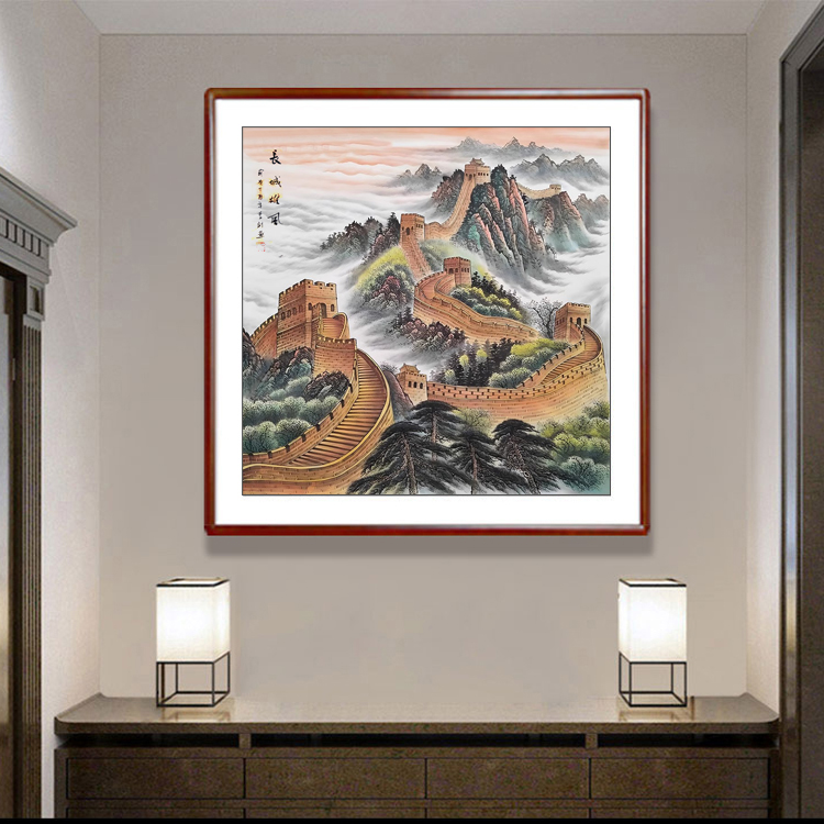 国画斗方长城雄风正方形无水靠山画办公室挂画纯手工原稿手绘带框