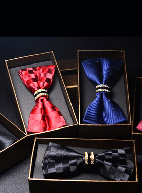 男士领结演唱会创意制服复古英伦格纹婚庆新郎黑色镶钻酒红时尚女