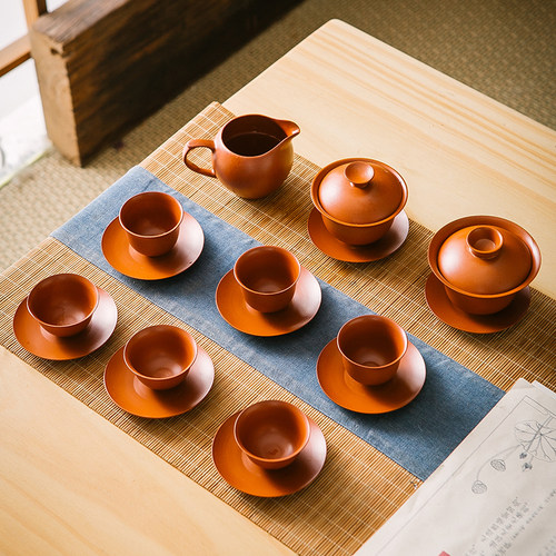 复古朱泥陶瓷茶具紫砂功夫茶具潮州大师手拉茶杯茶馆家用三才盖碗