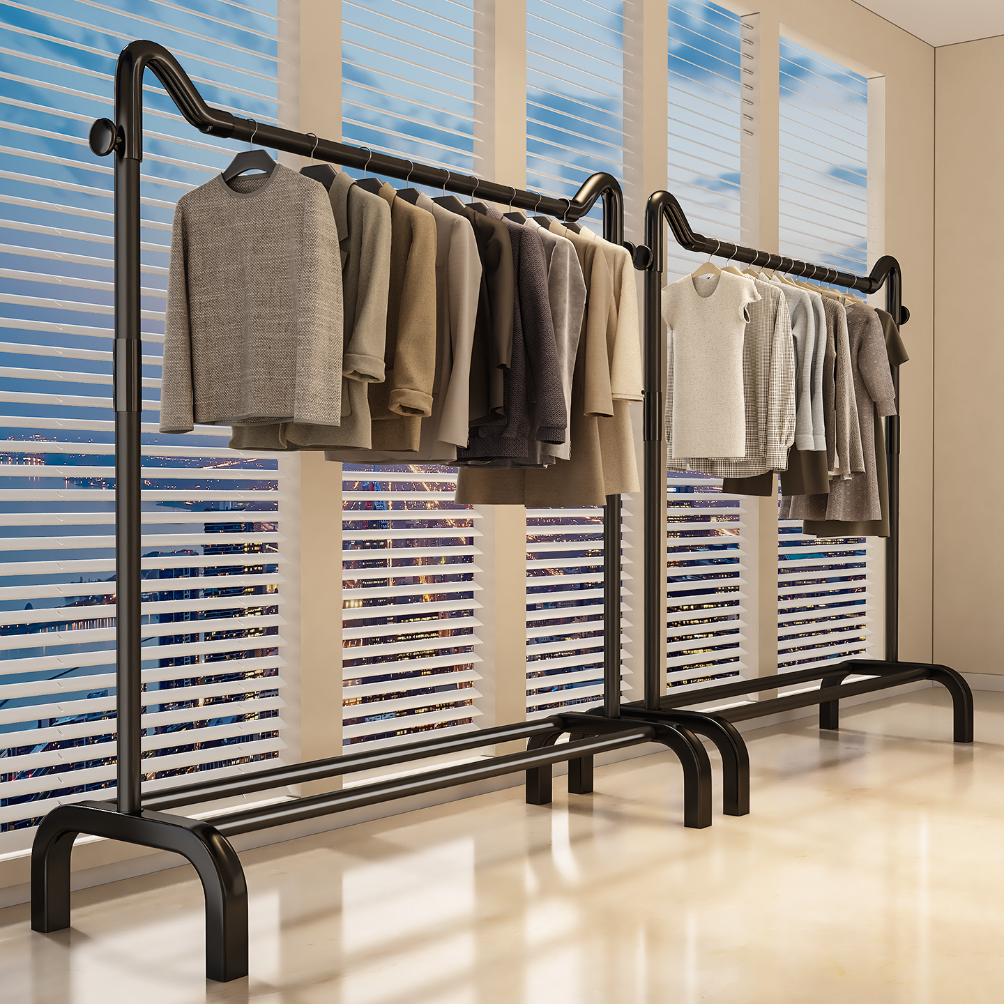 衣帽架落地卧室内家用挂衣服架可移动简易双杆晾衣架收纳置物架子