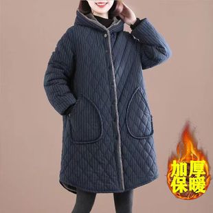 中长款 冬季 连帽加绒加厚棉衣韩版 妈妈装 棉服厚外套 大码 中老年女装