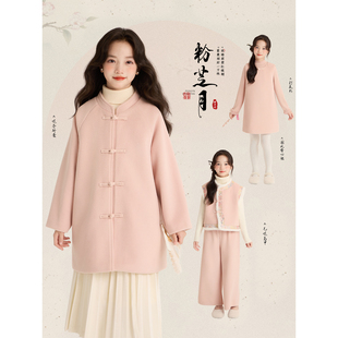 长款 Amybaby女童套装 中式 2025新款 呢子外套背心裙绣花马甲 冬季