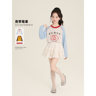 设计感插肩拼色小狗卡通印花长袖 Amybaby女童上衣春季 2026新款