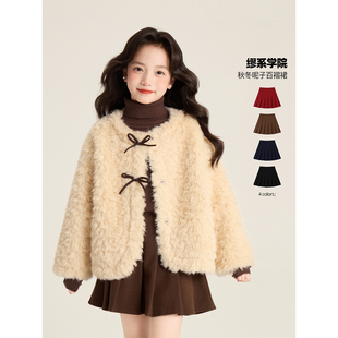 Amybaby女童裙子冬季 潮流加厚呢子百搭百褶半身裙A字裙 2025新款