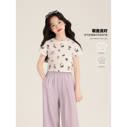 Amybaby女童上衣夏季2026新款设计感辣妹满印圆领短袖百搭T恤
