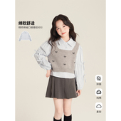 Amybaby女童上衣春季 洋气甜美衬衣 2026新小清新蝴蝶结领结娃娃衫