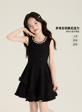 Amybaby女童连衣裙夏季2025新法式赫本风黑色亮钻无袖公主背心裙