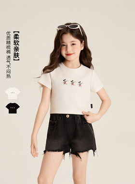 Amybaby女童上衣夏季2025新款儿童简约纯色米奇印花百搭T恤