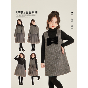 Amybaby女童套装冬季2025新款小香风网纱蓬蓬裙背心裙呢子外套
