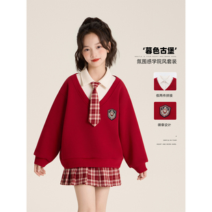 甜美学院风假两件厚卫衣格子百褶裙 2025新款 Amybaby女童套装 冬季