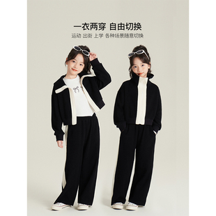 Amybaby女童套装春季2026新款洋气时髦翻领拼色开衫外套阔腿裤
