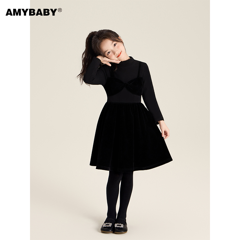 Amybaby女童裙子冬季2024新款高领打底衫拼接丝绒蝴蝶结连衣裙
