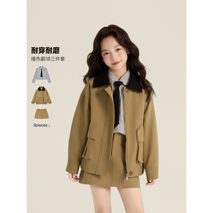 学院风夹克外套条纹衬衫 2025新款 半身裙 秋季 Amybaby女童套装