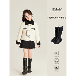 Amybaby女童鞋子冬季2025新款英伦风长筒黑色平底骑士靴