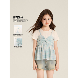 甜美小清新假两件拼接格子上衣 Amybaby女童上装 夏季 2025新款 法式