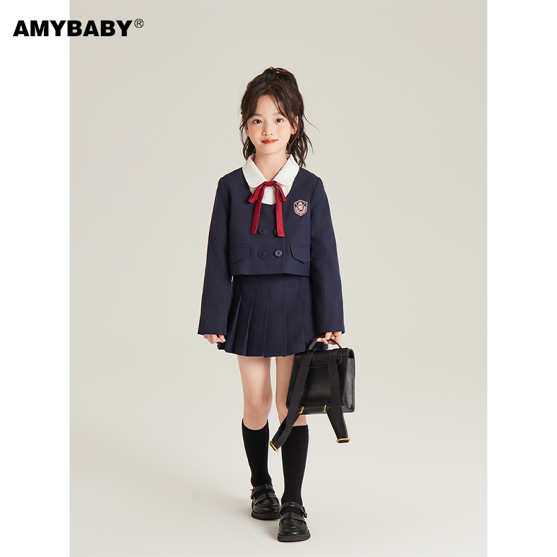 Amybaby女童套装秋季2024新款日系学院风无领刺绣西装外套半身裙