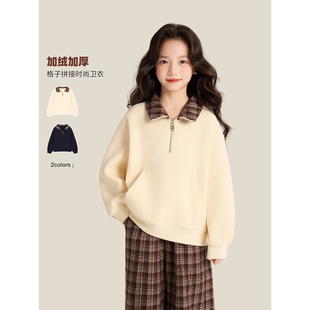 Amybaby女童上衣冬季2025新款韩版时尚翻领格子拼接大口袋卫衣