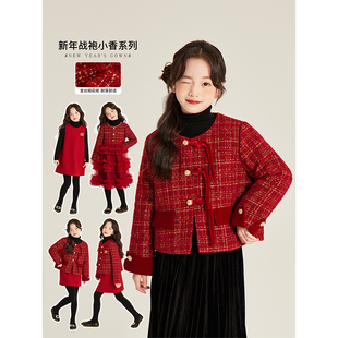 Amybaby女童套装冬季2025新款新中式呢子小香风外套网纱蛋糕裙