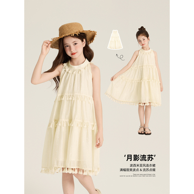 Amybaby女童裙子夏季2025新款超仙甜美无袖波西米亚风波点连衣裙