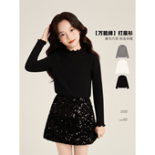 Amybaby女童上衣冬季 纯色保暖甜美木耳边百搭半高领打底 2025新款