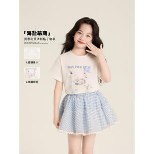 Amybaby女童套装 2025新款 韩版 甜美可爱印花蝴蝶结T恤格子裙 夏季