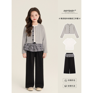 阔腿裤 Amybaby女童套装 韩系气质减龄显瘦针织开衫 2026新款 春季