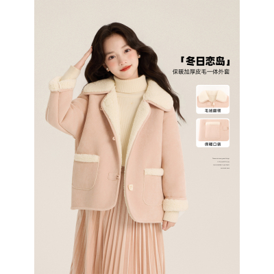 Amybaby女童上衣冬季2025新款粉粉嫩嫩保暖加厚皮毛一体外套