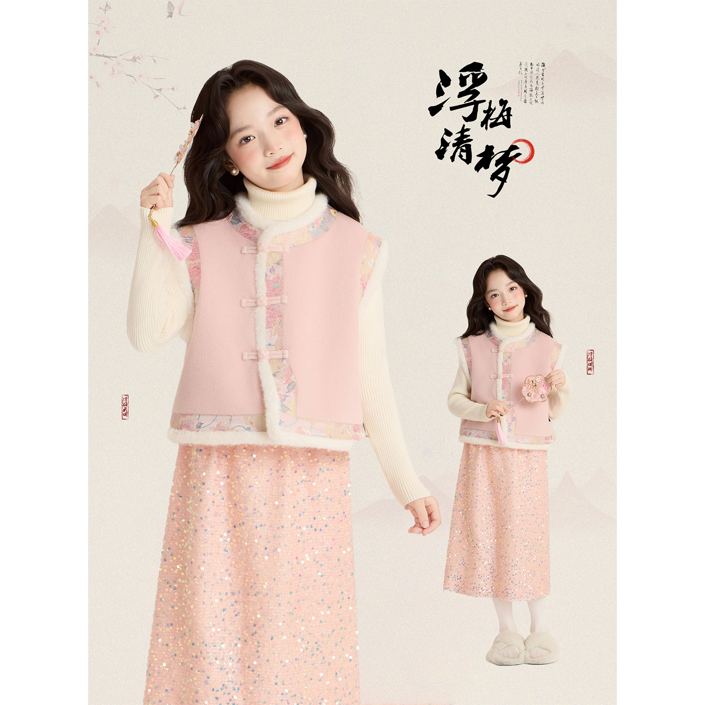 Amybaby女童新中式国风毛呢马甲