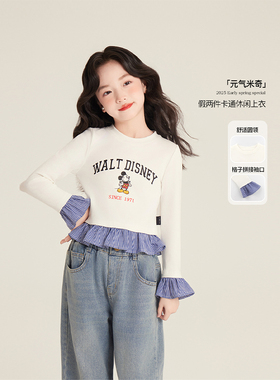 Amybaby女童上衣秋季2025新款格纹拼接元气米奇荷叶边长袖套头T恤