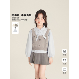 學院風刺繡無袖 Amybaby女童上衣秋季 2025新款 韓版 針織背心 短款