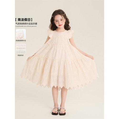 Amybaby女童裙子夏季2026新款法式甜美风气质刺绣荷叶边连衣裙