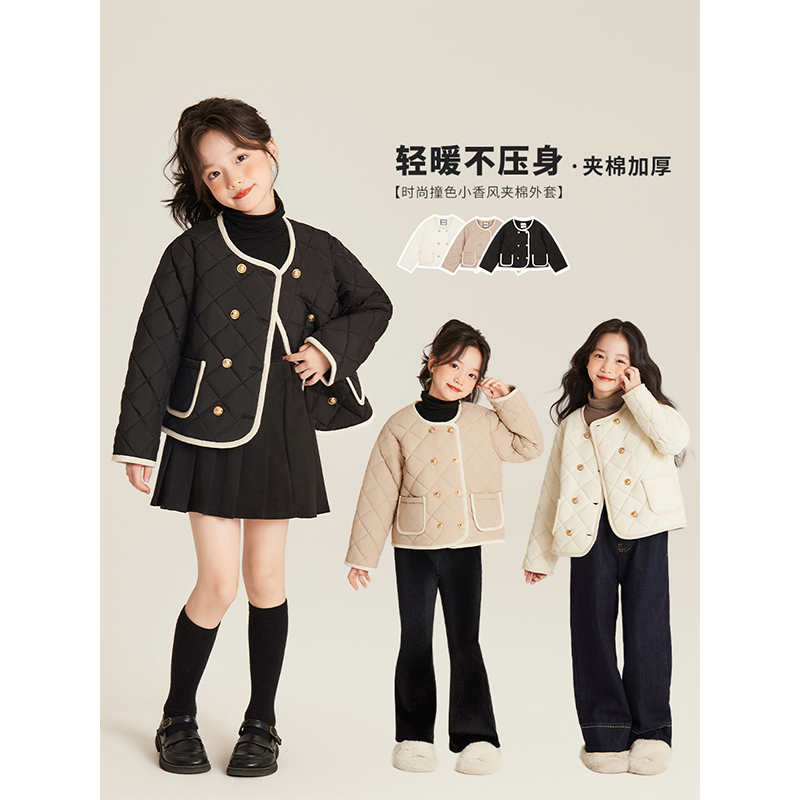 Amybaby女童上衣冬季2025新款小香风菱形格轻薄洋气短款棉衣外套
