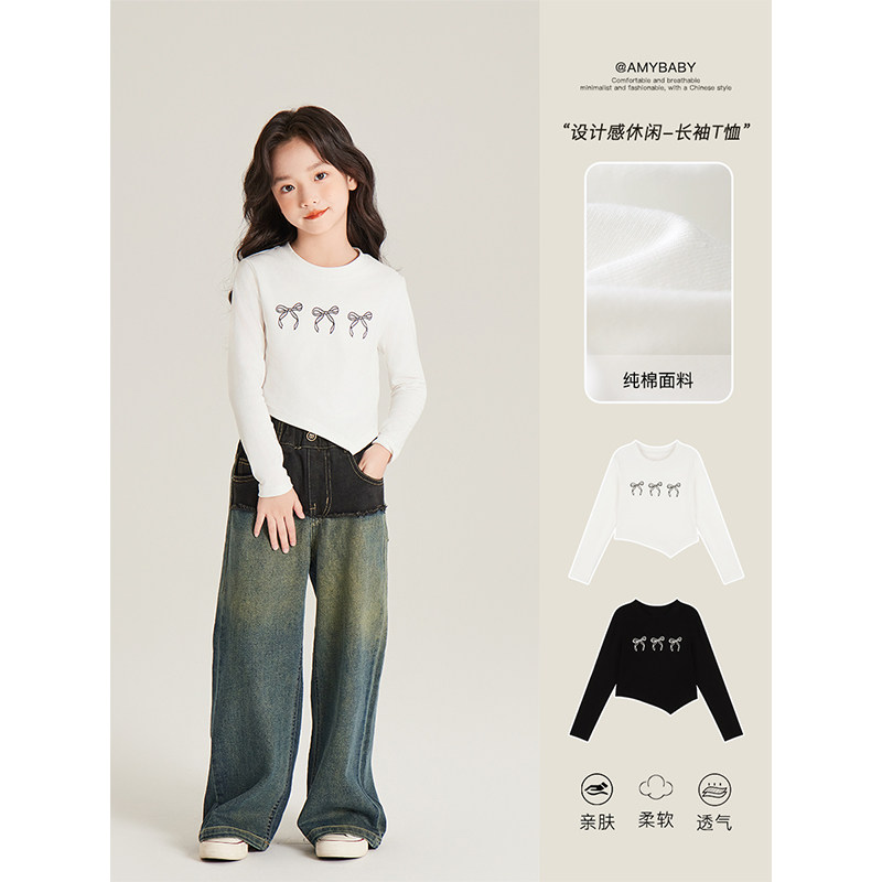 Amybaby女童上衣秋季2025新款设计感小众蝴蝶结百搭长袖T恤