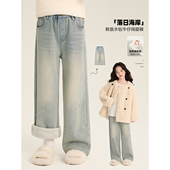 子冬季 2025新款 韩版 Amybaby女童裤 气质烫钻复古百搭加厚牛仔裤