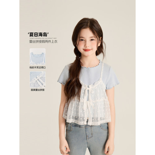 Amybaby女童上衣春夏季2026新款春日海岛韩版甜美蕾丝吊带假两件T