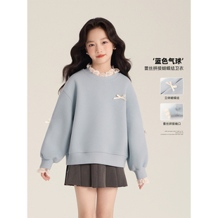 Amybaby女童上衣秋季 立体蝴蝶结休闲蕾丝拼接套头卫衣 2025新款