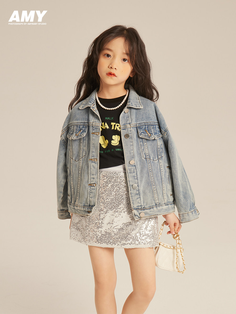 AMYBABY 여아 데님 재킷 2024 새로운 봄 가을 한국식 패셔너블하고 다재다능한 트렌디 탑