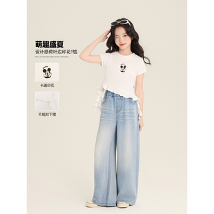 Amybaby女童上装夏季2026新款纯色简约设计感不规则下摆印花上衣