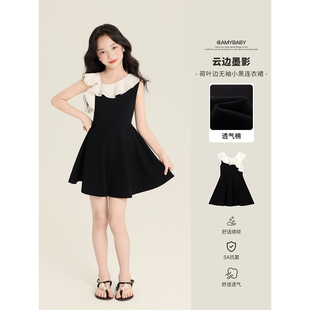 Amybaby女童裙子夏季2026新款法式荷叶边甜美赫本风无袖连衣裙