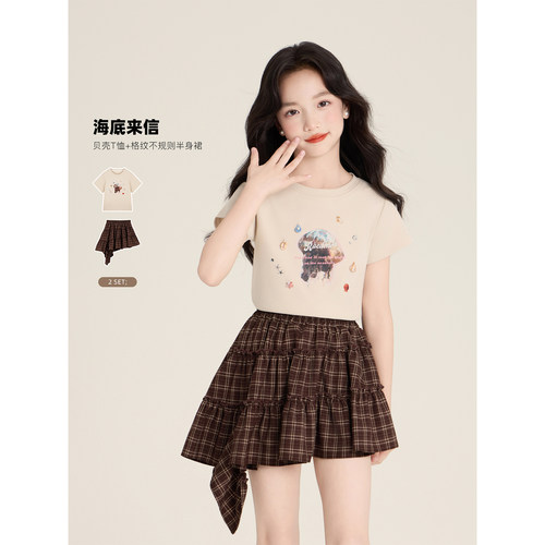 Amybaby女童套装夏季2026新款彩色贝壳装饰印花T恤不规则格子裙