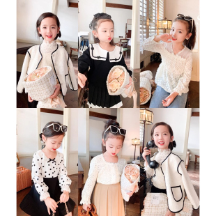 Amybaby女童黑白撞色镂空蕾丝长袖 衫 甜美开衫 外套气质复古打底衫