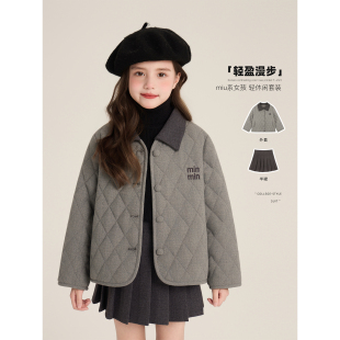 灰色格子保暖夹棉外套灰色半身裙 2025新款 Amybaby女童套装 冬季