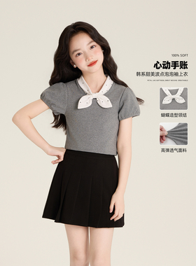 Amybaby女童套装夏季2026新款甜美洋气波点假领结T恤黑色百褶裙