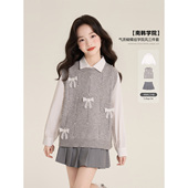 学院风镶钻镂空针织马甲衬衫 2026新款 半身裙 春季 Amybaby女童套装
