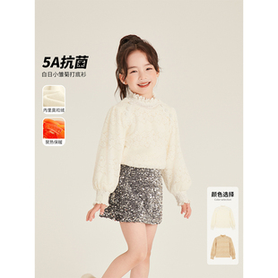 Amybaby女童上衣冬季2025新款半高领加绒蕾丝百搭气质打底衫