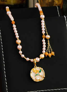 新中式国风粉色珍珠花朵串珠女项链滴釉高级感毛衣链配饰挂件锁骨