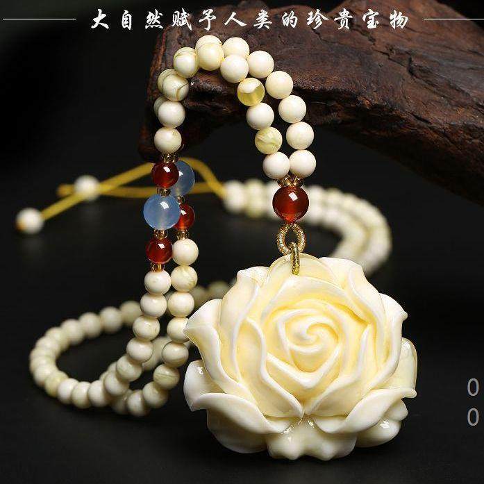新中式白蜜蜡串珠吊坠男女水滴长毛衣链玫瑰花配饰挂件送妈妈旗袍